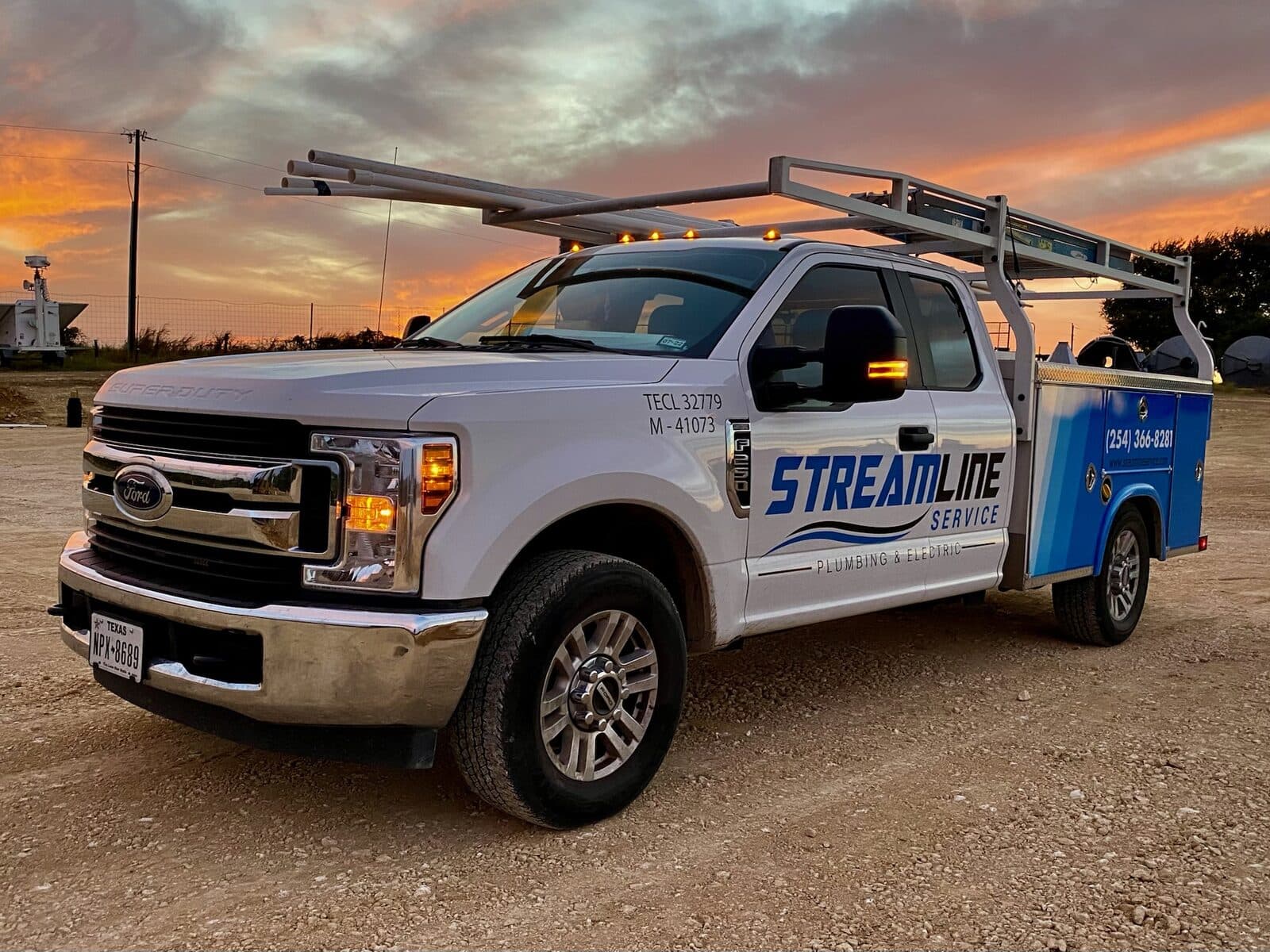 Streamline Service truck on the road at sunset across Central Texas